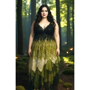 VTG Ever Pretty US 20 Y2k mesh Fairy Babydoll maxi dress asym 90s grunge witchy